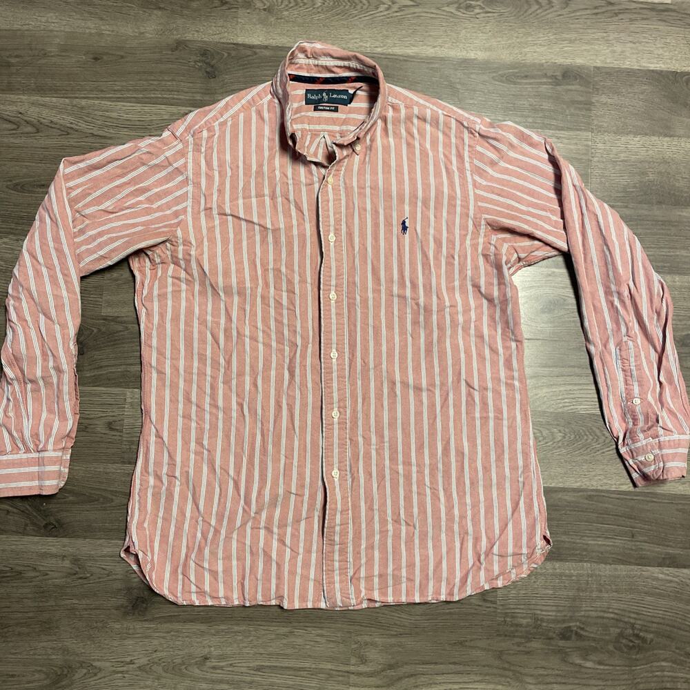 Polo Ralph Lauren Shirt Mens L Large Custom Fit Pink White Striped Long Sleeve